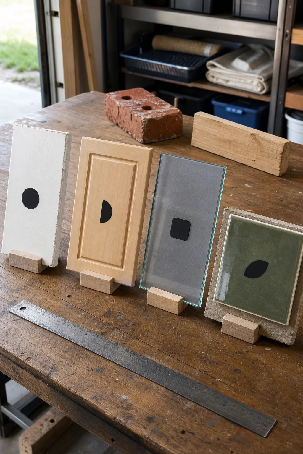 Small vinyl adhesion samples tested on smooth paint, sealed wood, glass, and tile surfaces