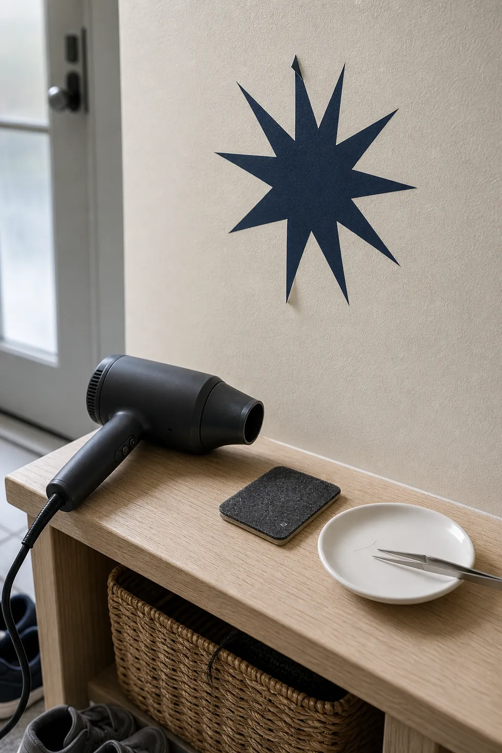 Macro view of a wall sticker peeling fix using gentle warmth and a soft felt applicator