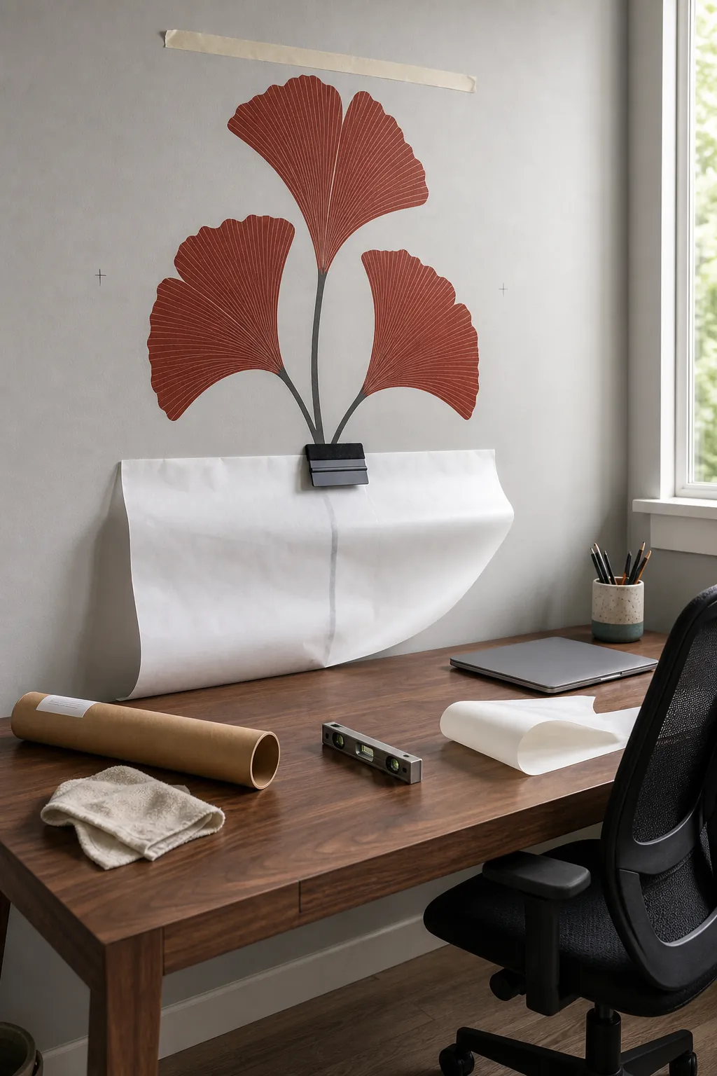 Partially installed botanical wall decal with felt squeegee showing center-out application technique