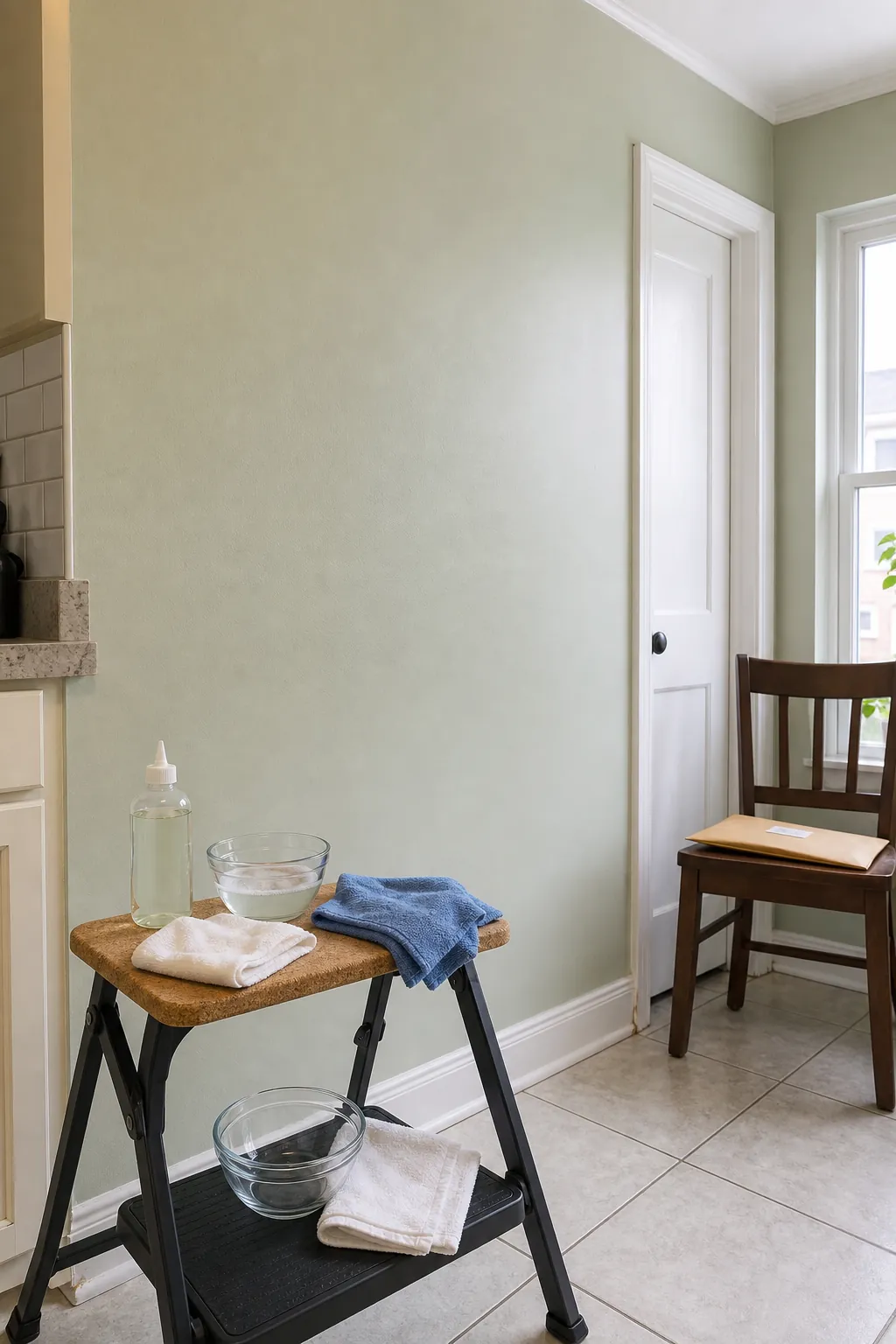 Wall decal preparation station with clean microfiber cloths and mild cleaning supplies beside a dry painted wall