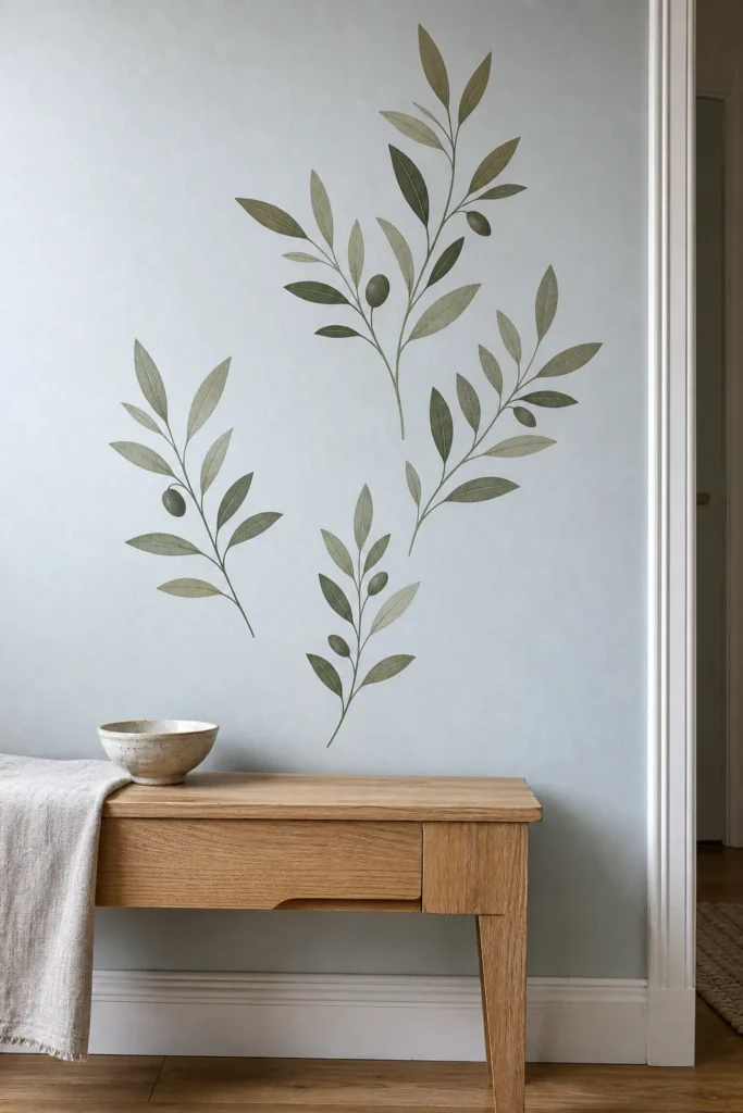 Well-adhered botanical wall decals on a clean smooth living room wall