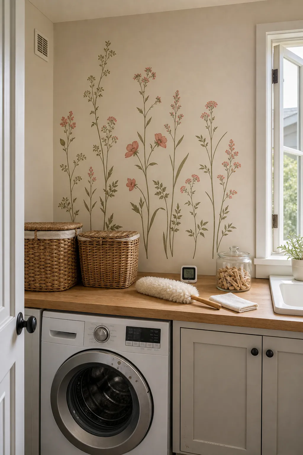 Flat botanical wall decals in a ventilated room protected from rubbing and moisture