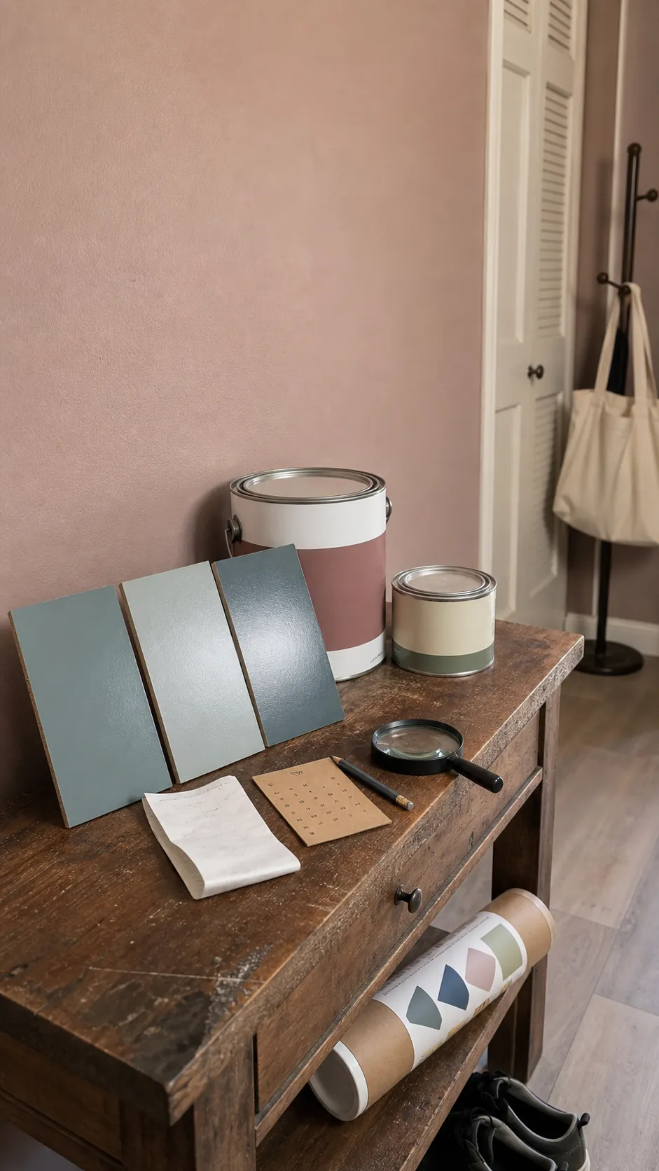 Paint can, finish sample, calendar card, and unopened wall decal package arranged beside a new painted wall