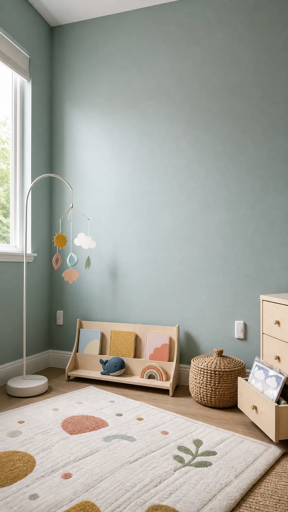 Freshly painted nursery using freestanding decor while wall decals remain unopened