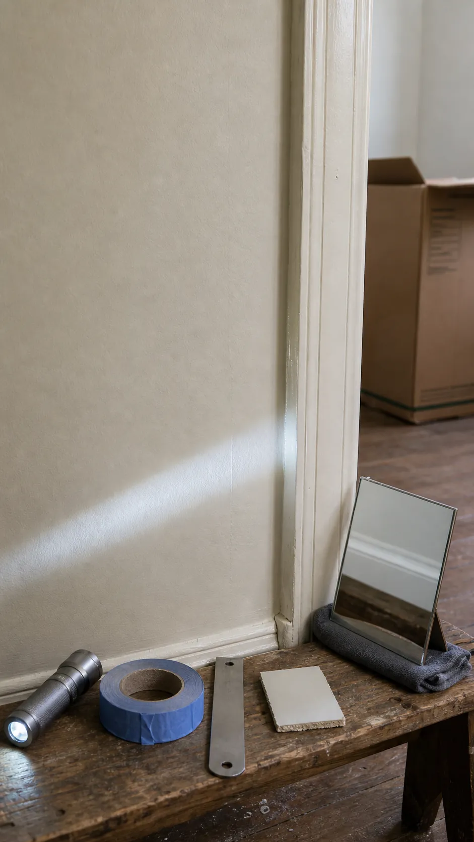 Close inspection of an intact newly painted wall corner with simple light and painter tools