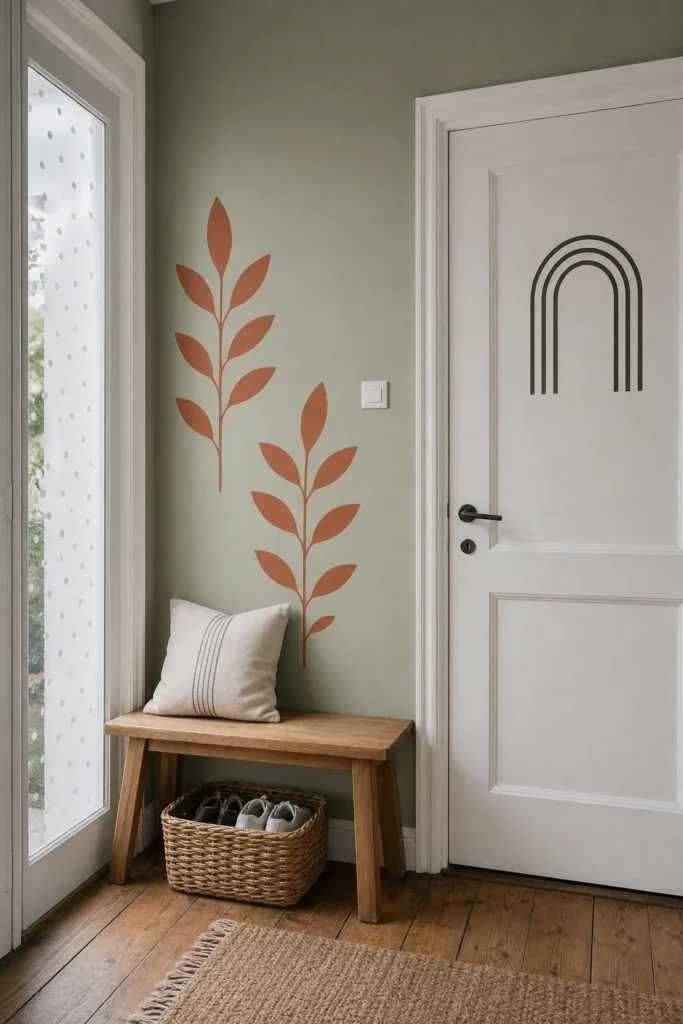 Removable decals on a smooth painted wall beside clean glass and a finished interior door