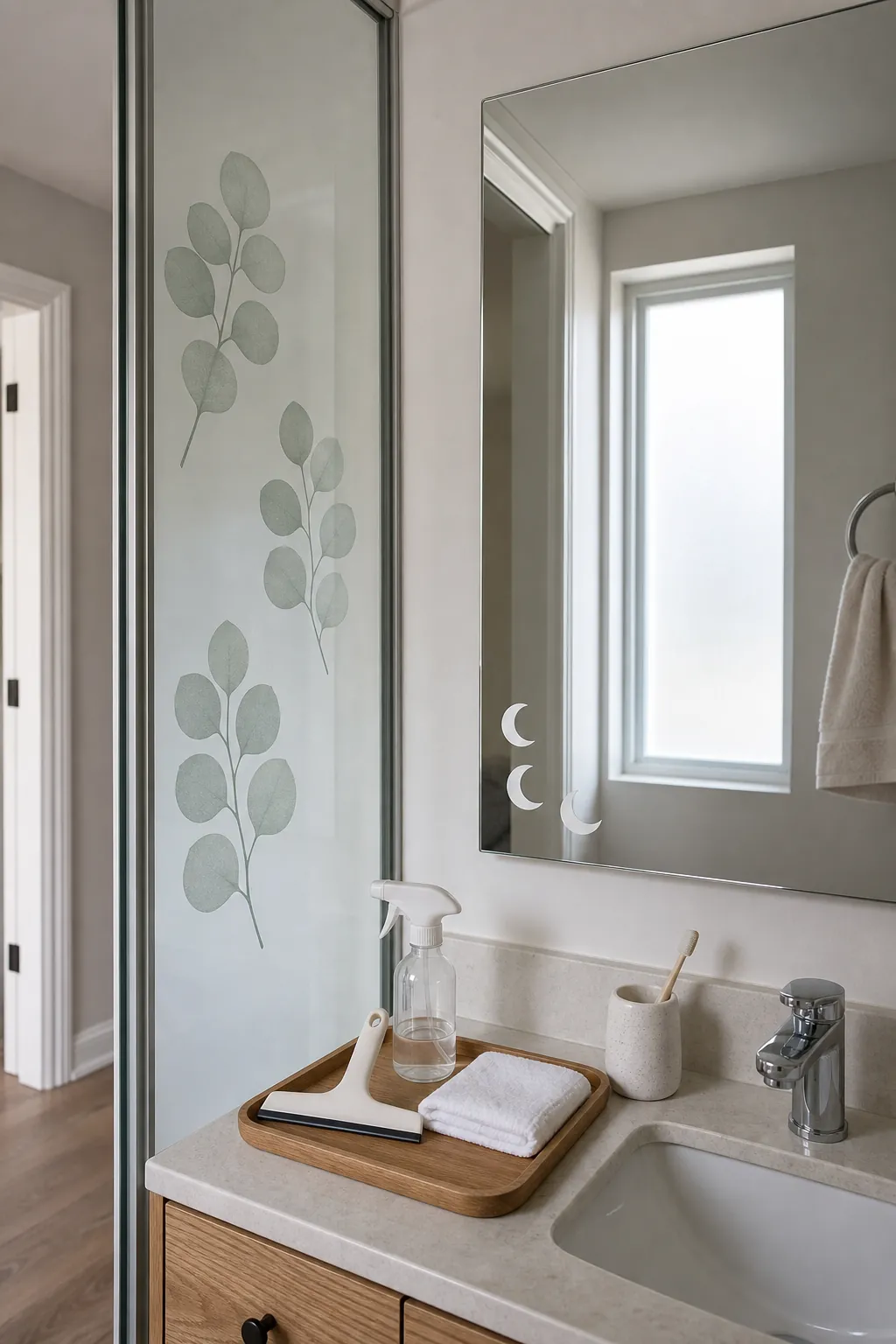 Frosted botanical decals applied to a clean interior glass panel beside a mirror