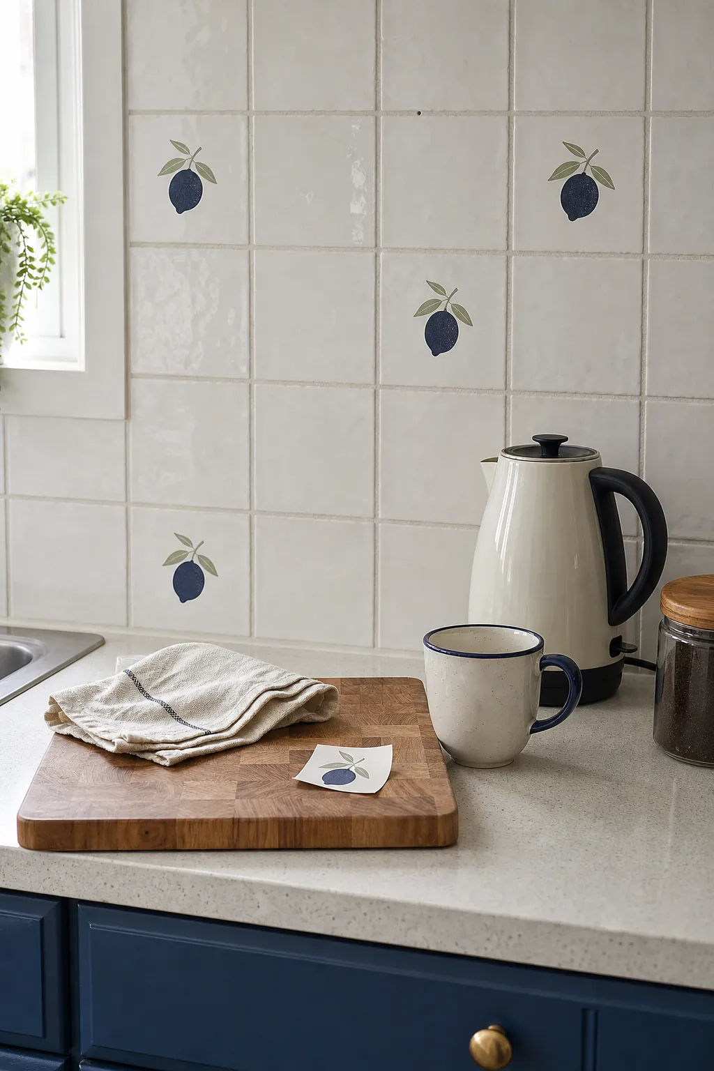 Small decorative decals centered on clean glazed backsplash tiles without crossing grout lines