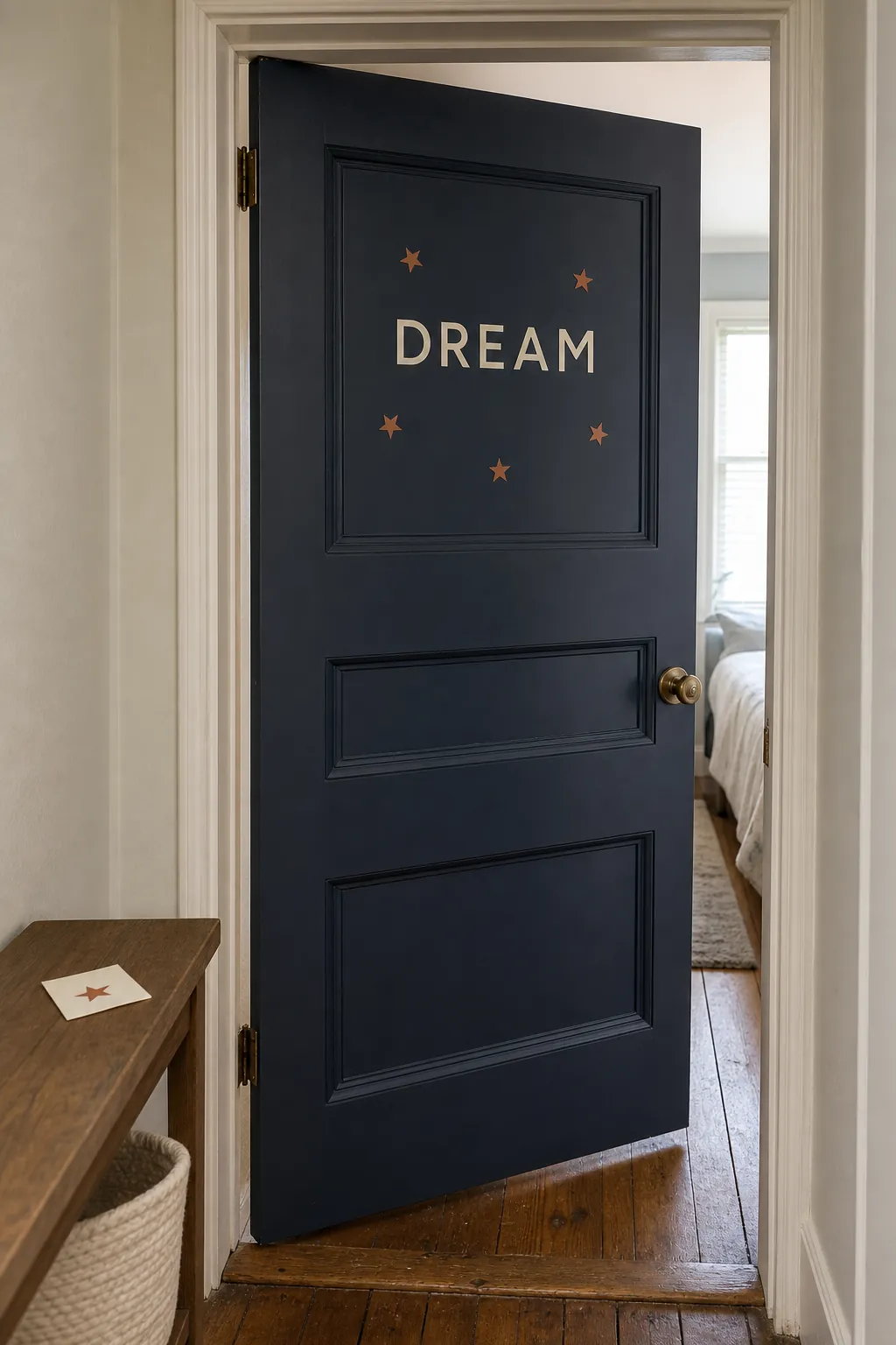 Simple name and star decals positioned inside the flat panels of a painted interior door