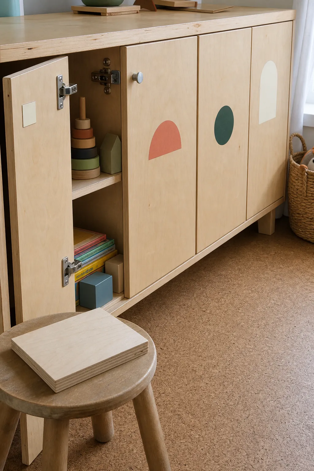 Removable geometric decals tested on a sealed wood cabinet door away from hinges and handles