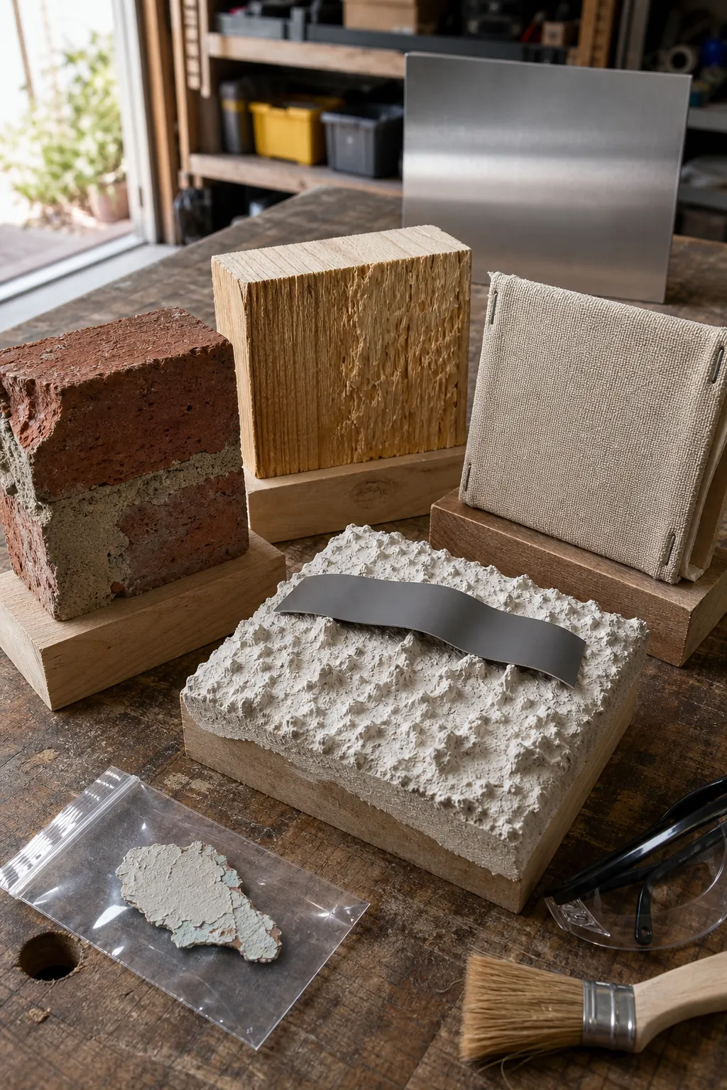 Material samples showing rough brick, raw wood, fabric, and textured plaster unsuitable for ordinary decals
