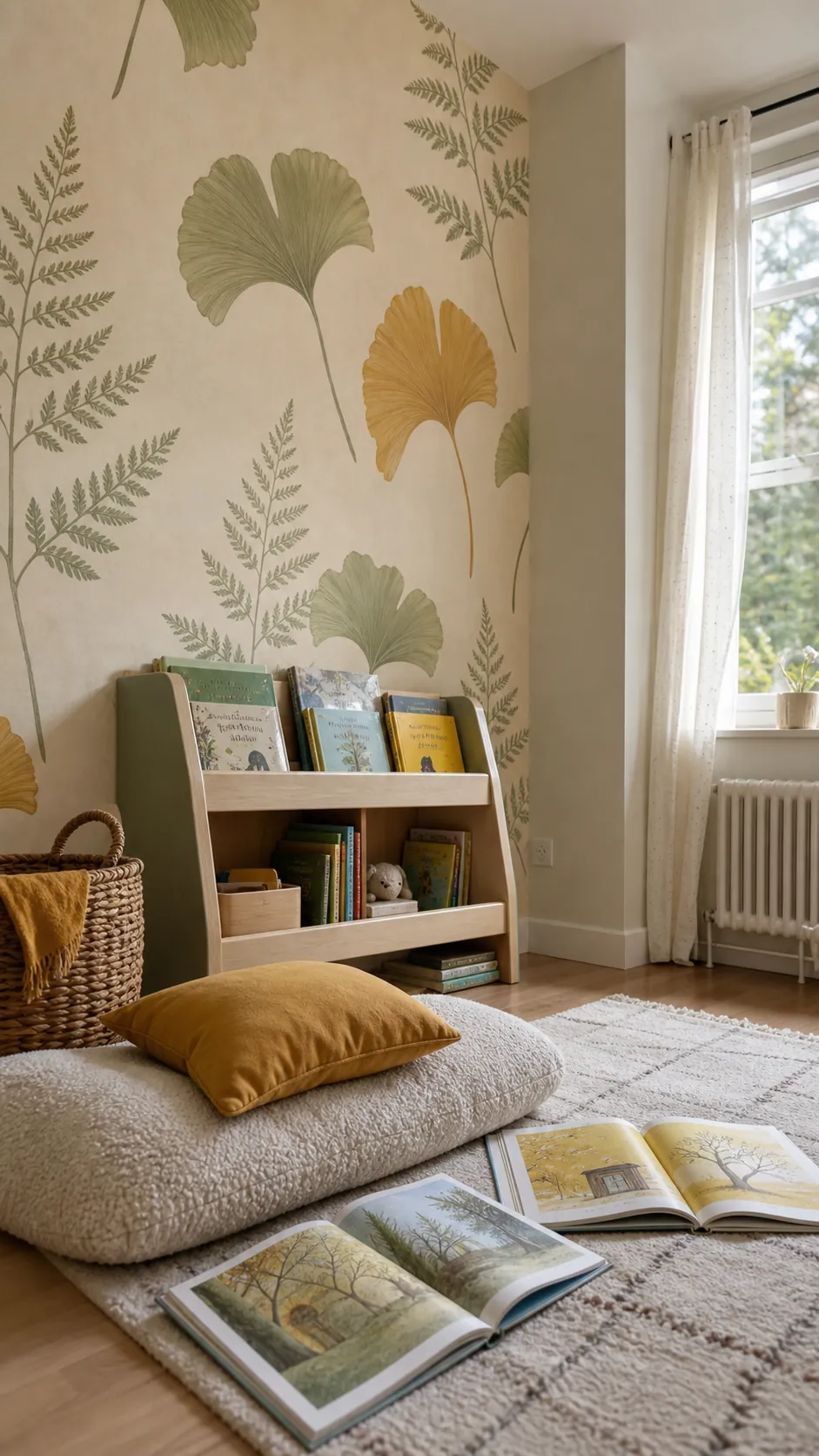 Oversized botanical kids wallpaper pattern in a reading corner
