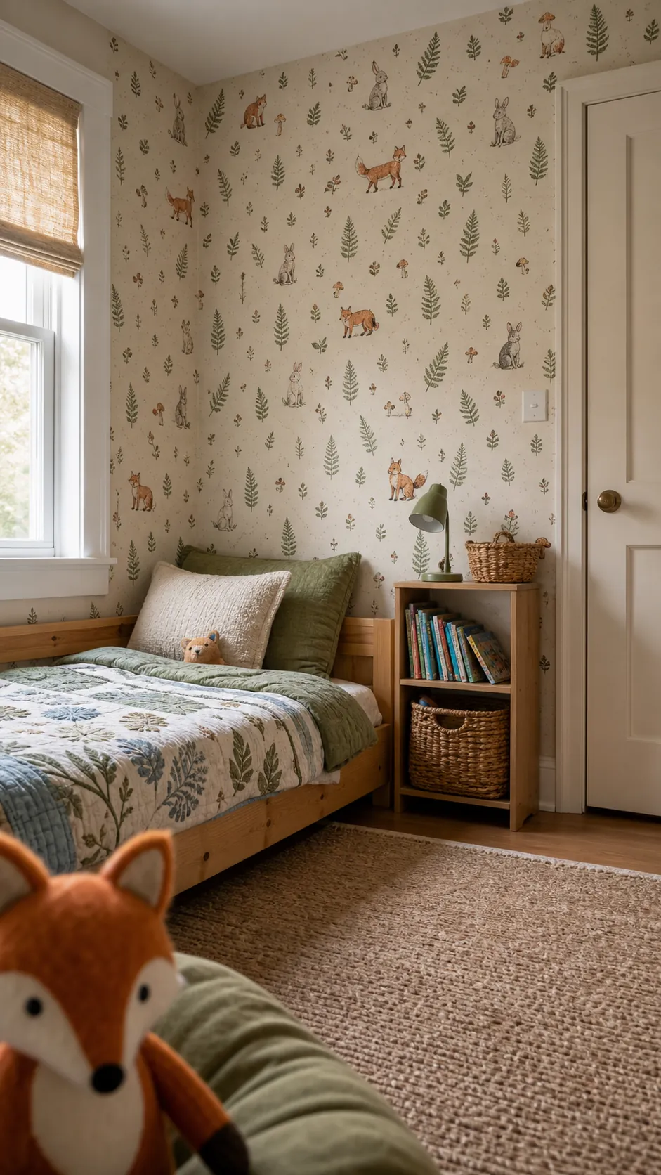Kids room wallpaper with woodland animals in a cozy child's bedroom