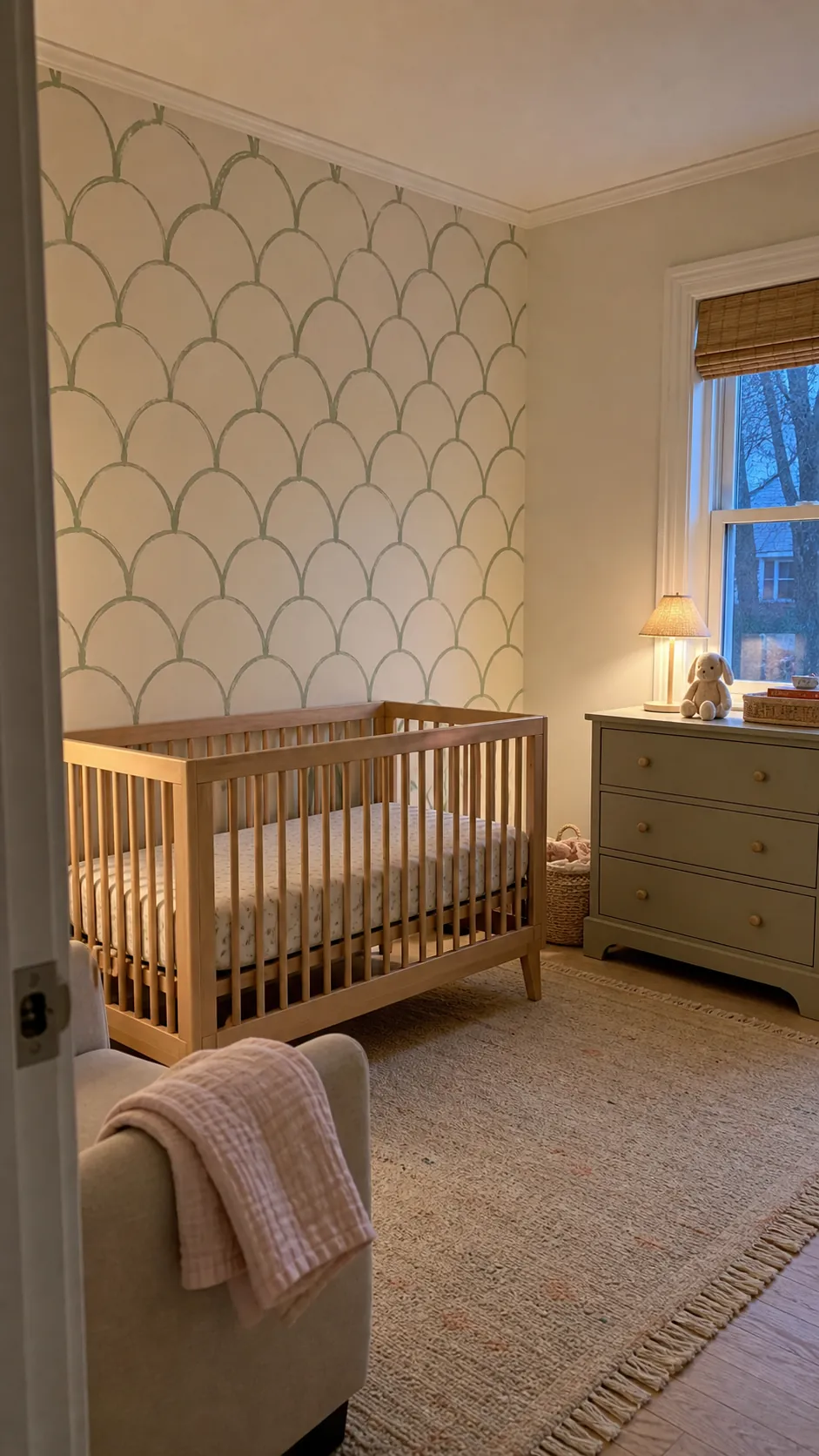 Soft scallop nursery room wallpaper behind a natural wood crib