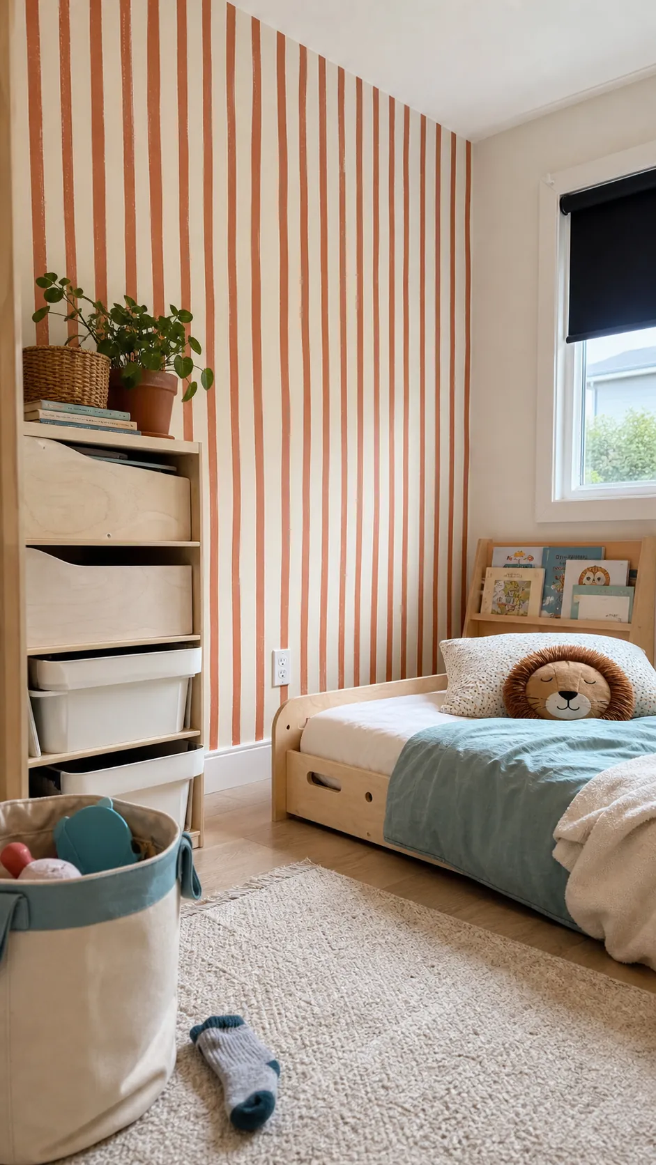 Hand-drawn striped toddler room wallpaper in warm terracotta and cream