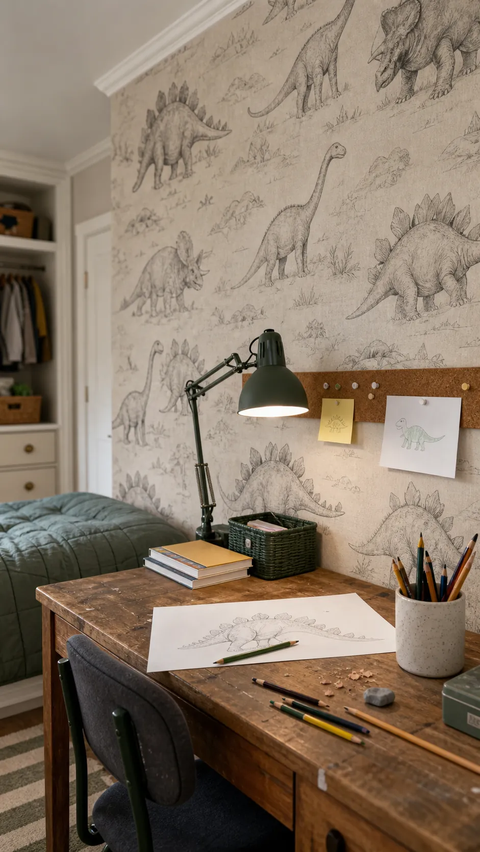 Friendly dinosaur sketch wallpaper in a child's bedroom study area