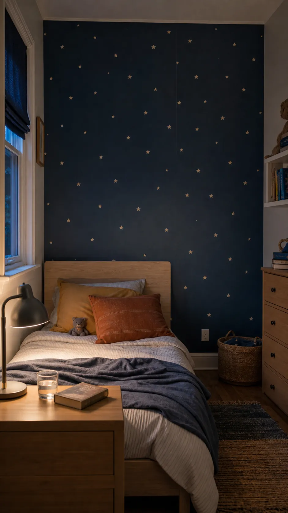 Deep blue star wallpaper for kids bedroom behind a simple bed