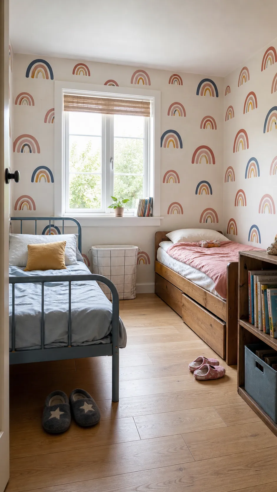 Watercolor rainbow kids room wallpaper in a shared sibling bedroom