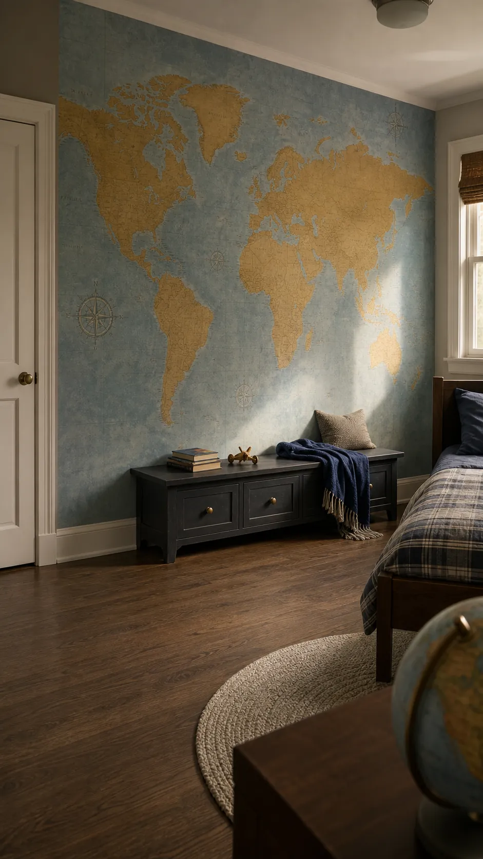 Vintage map kids wall mural in an older child's bedroom