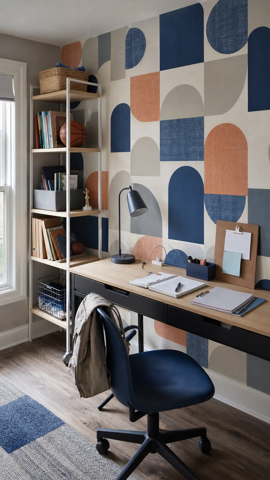 Modern color-block kids wallpaper pattern beside a homework desk