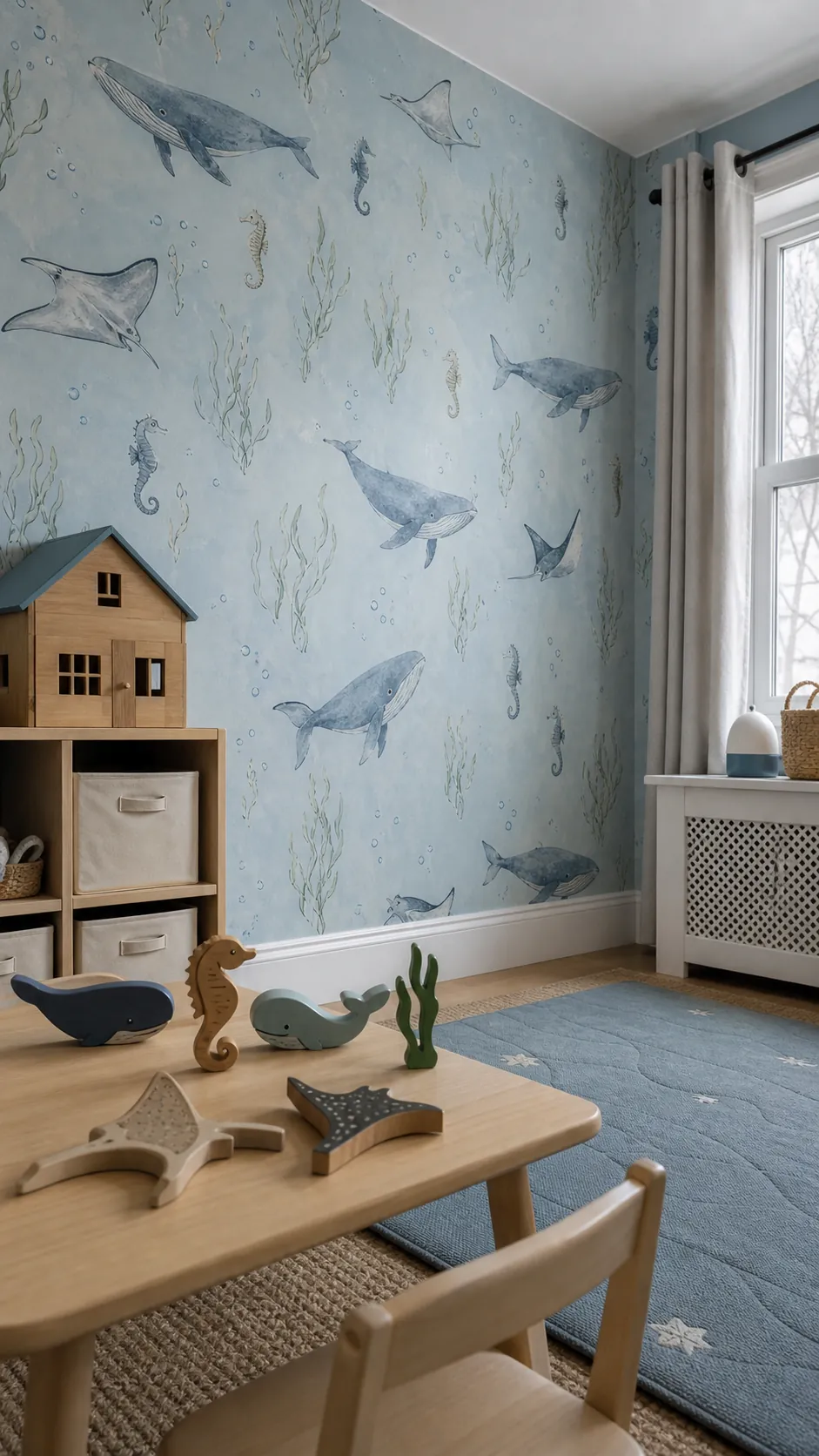 Misty blue underwater creature wallpaper in a toddler play zone