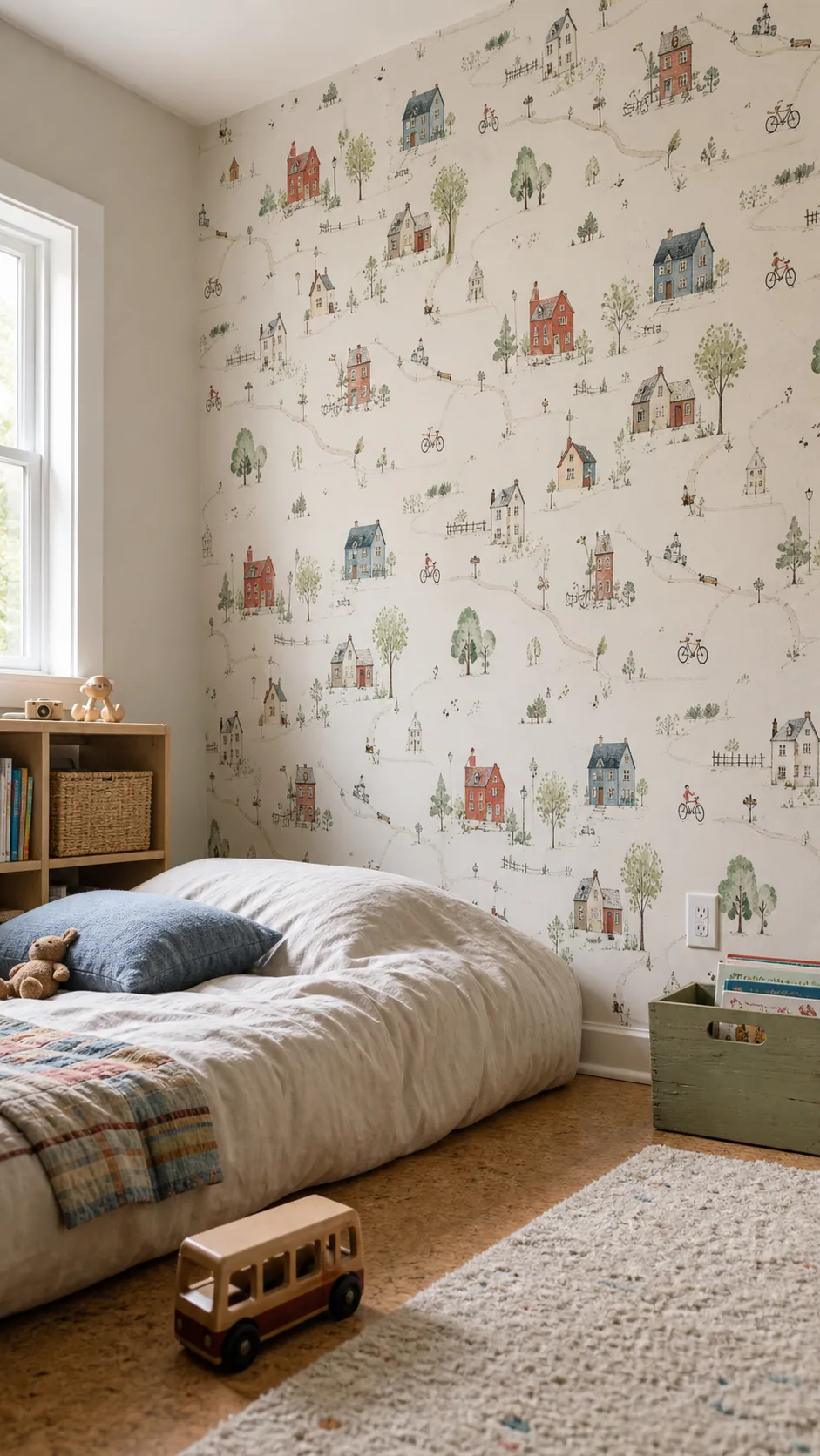 Miniature neighborhood wallpaper in a little kid's bedroom