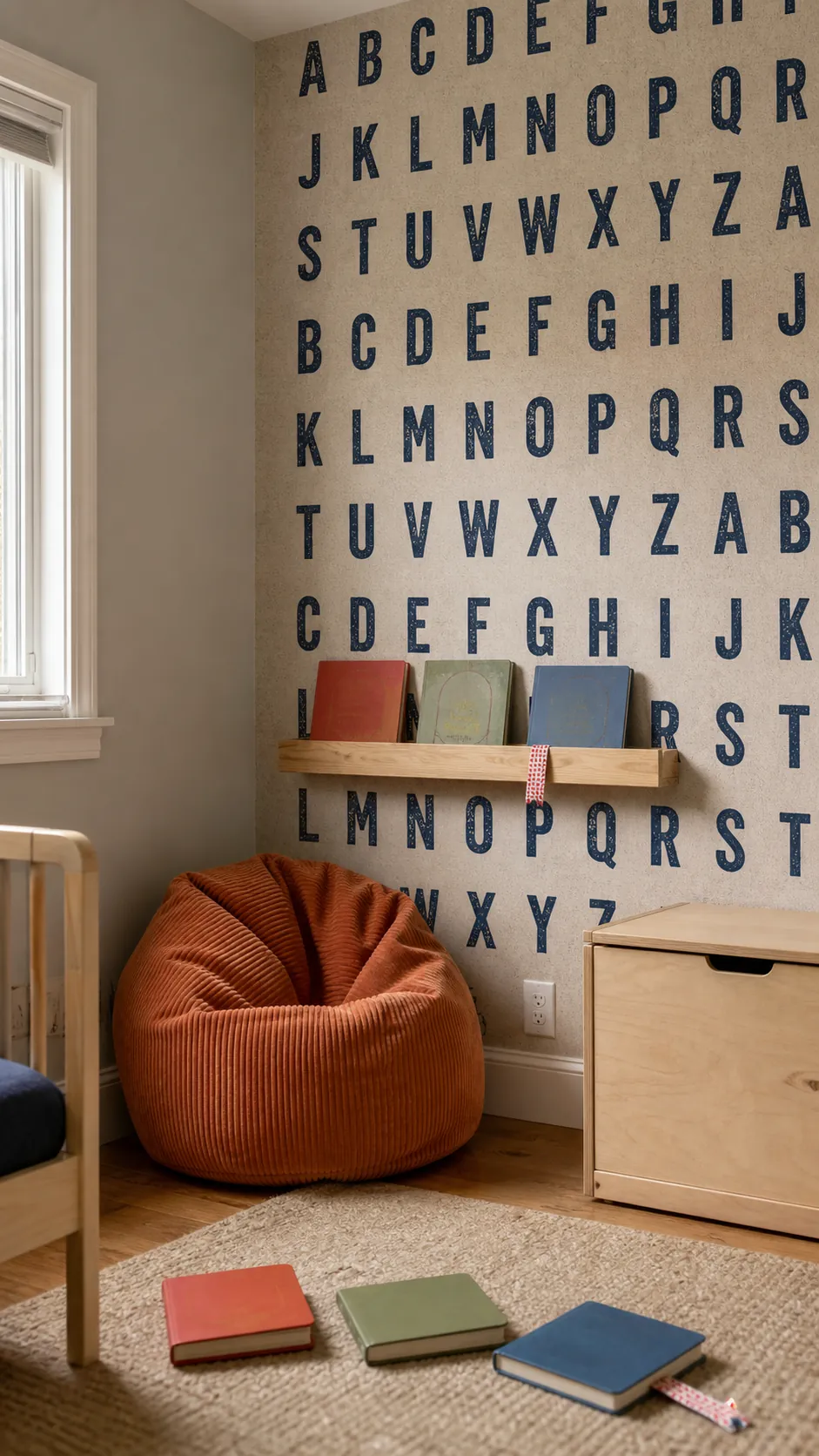 Block-print alphabet wallpaper in a preschool reading nook