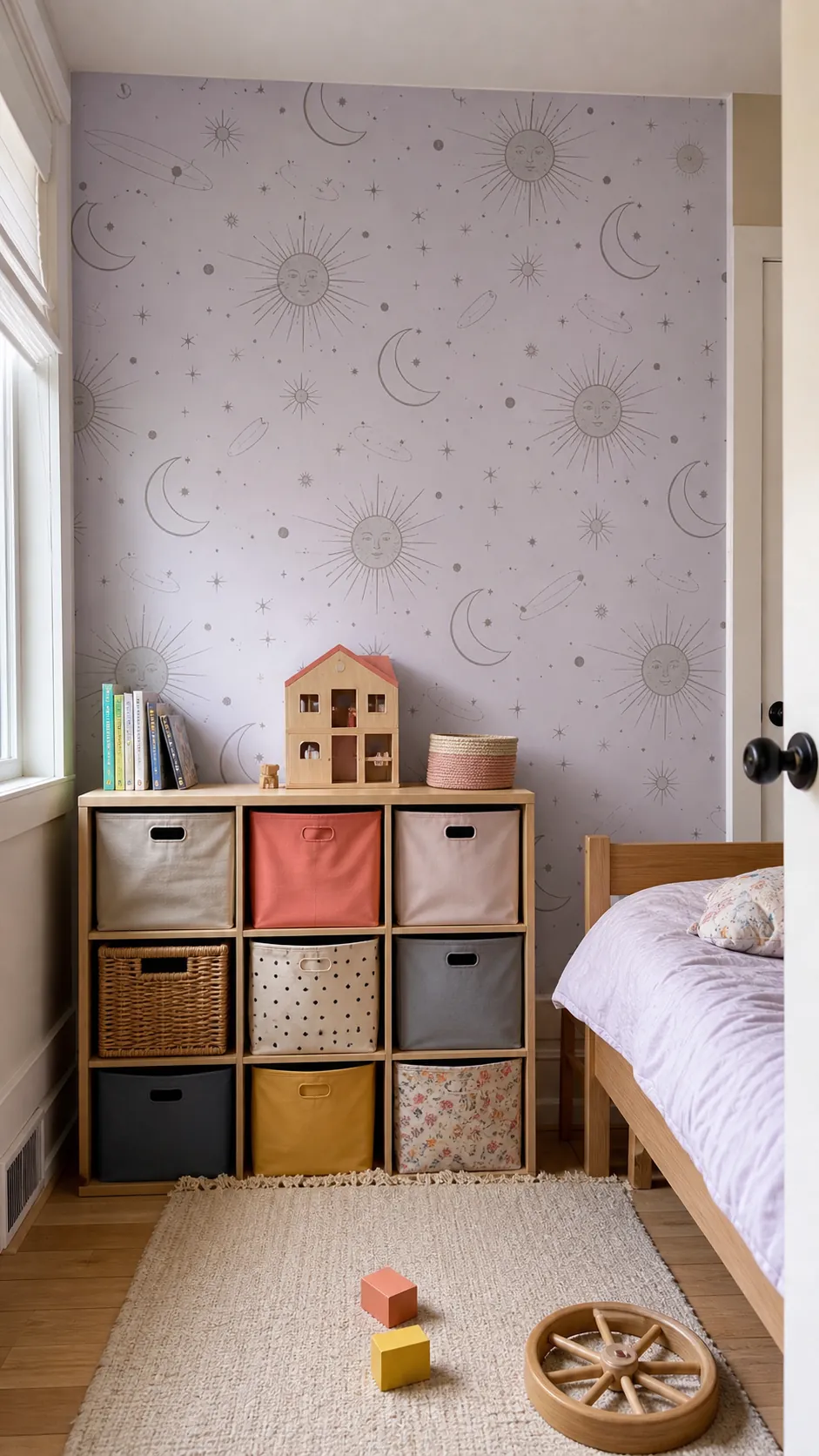 Sun and moon line-art wallpaper behind colorful toy storage