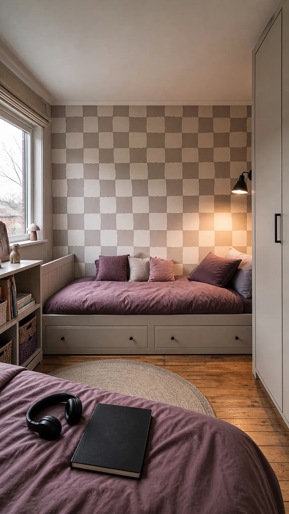 Soft neutral checkerboard wallpaper in an older child's small bedroom