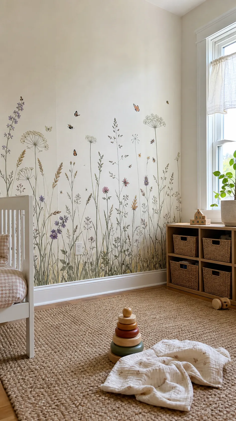 Wildflower garden wallpaper rising behind a child's play mat