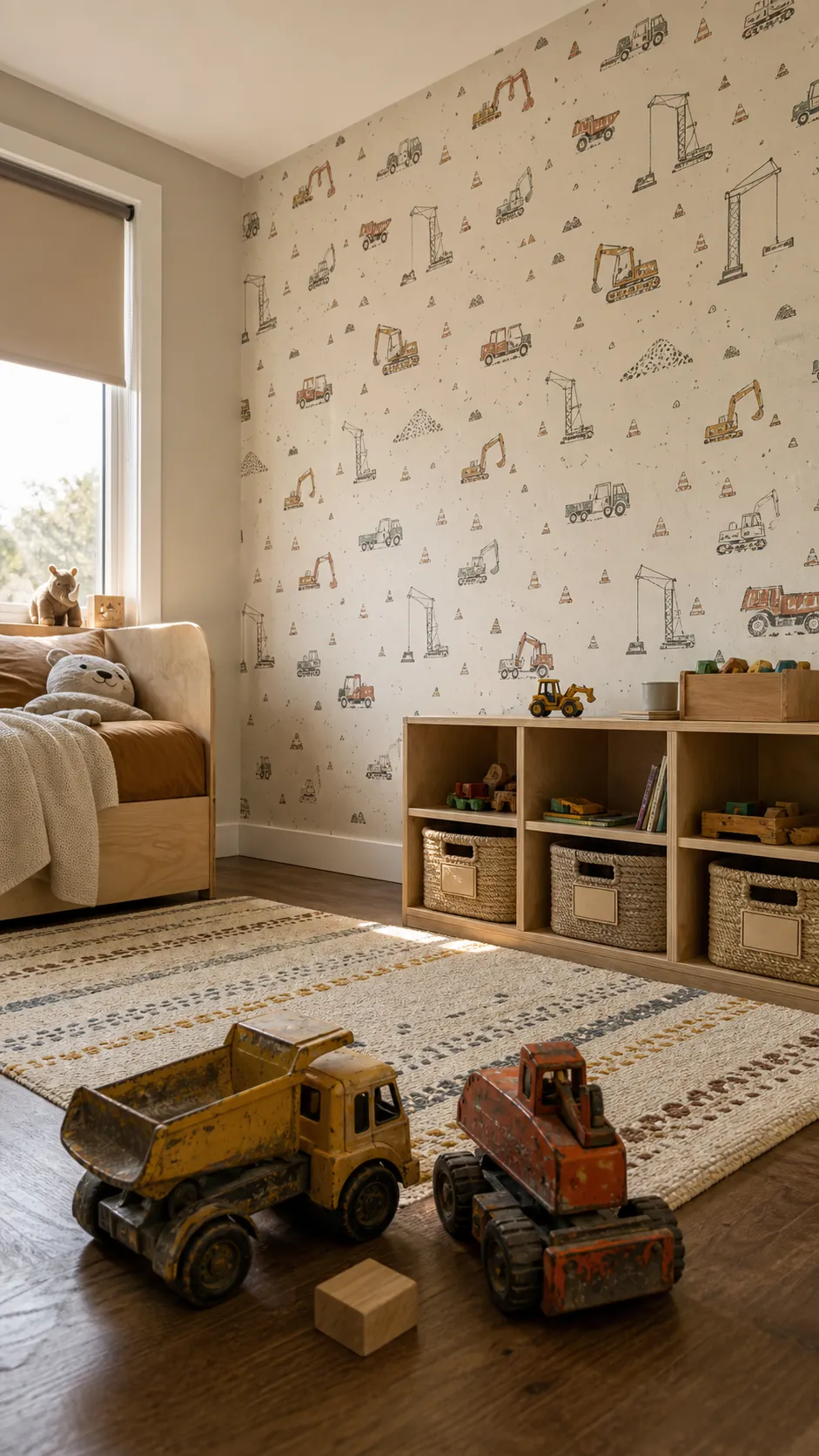 Earth-tone construction vehicle wallpaper in a practical kids room