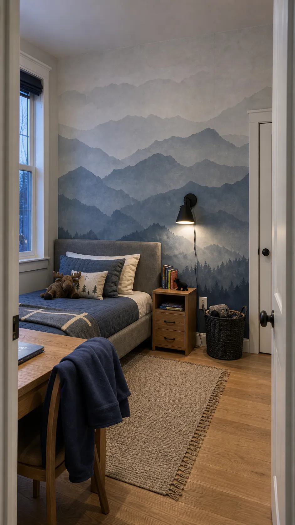 Tonal mountain wallpaper mural in a room designed to grow with a child