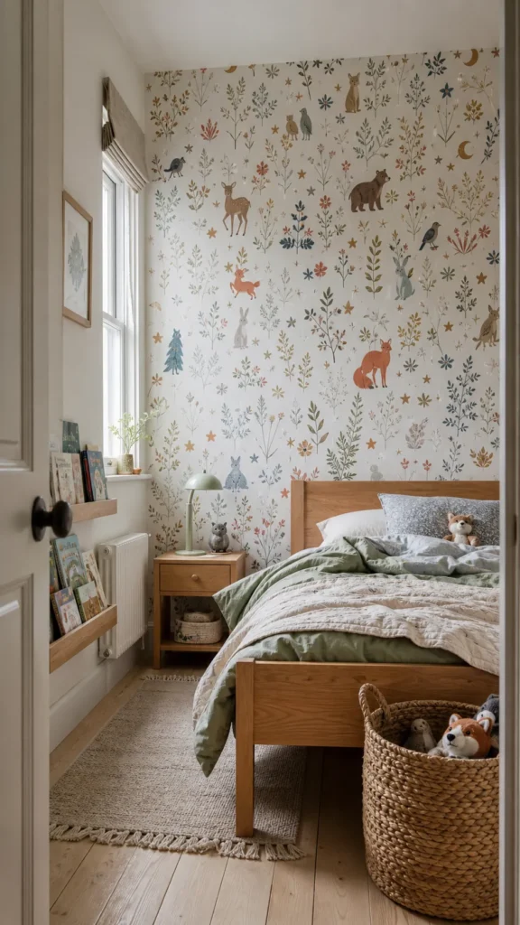 Bright children's bedroom featuring playful wallpaper and practical furnishings