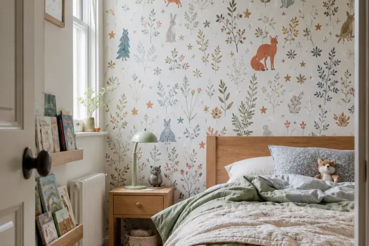Bright children's bedroom featuring playful wallpaper and practical furnishings