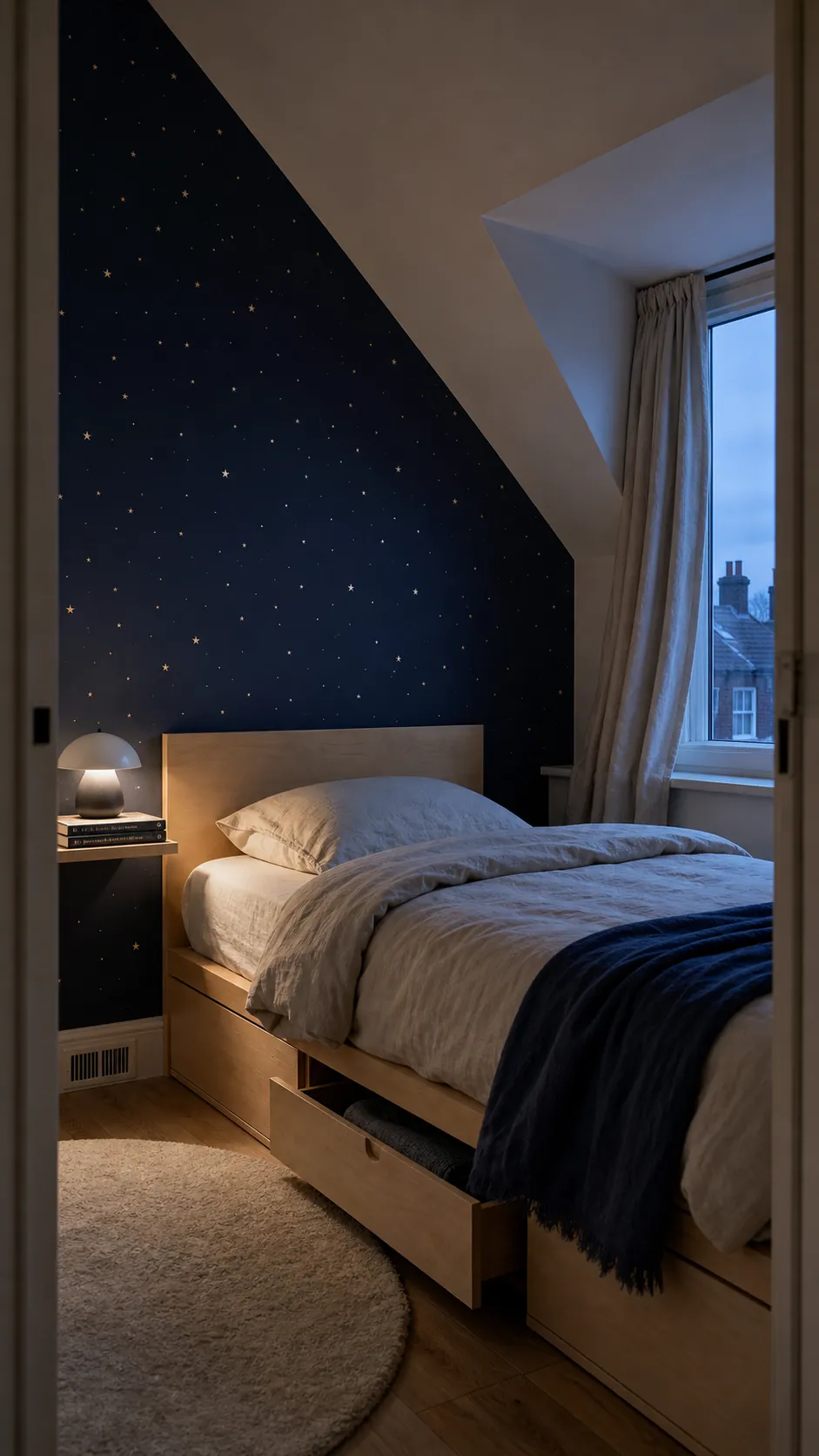 Child's room with deep blue scattered star wallpaper