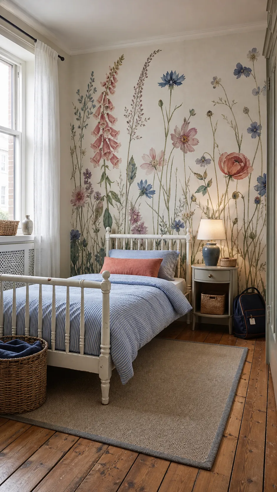 Kids bedroom with oversized watercolor wildflower wallpaper