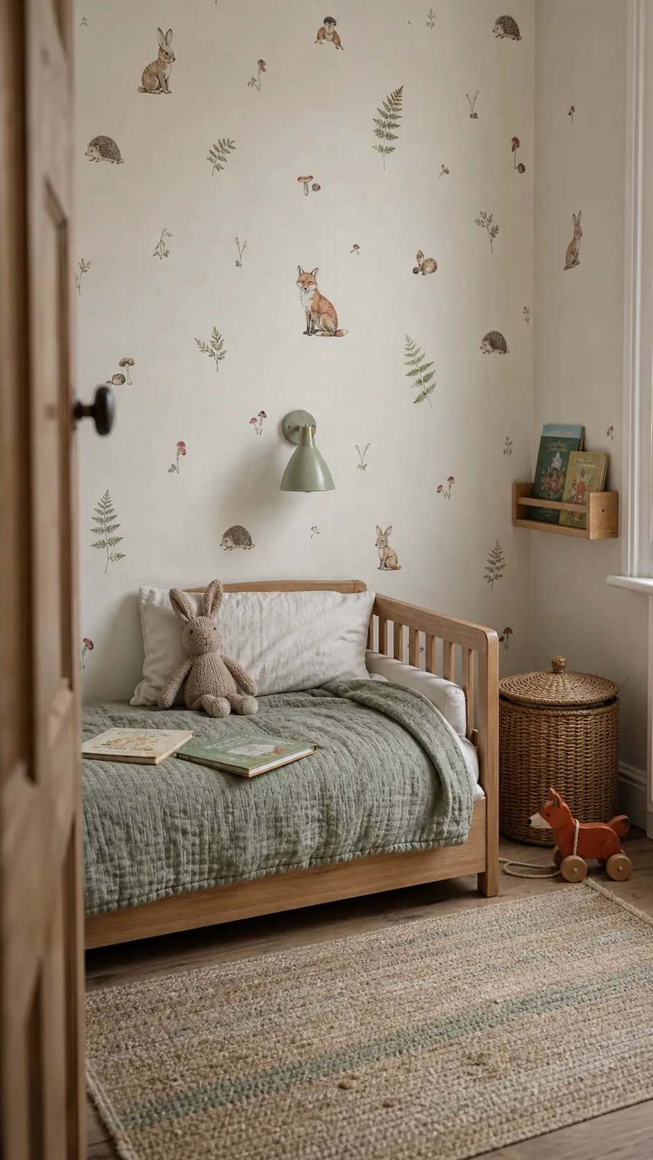 Children's bedroom with softly spaced woodland animal wallpaper