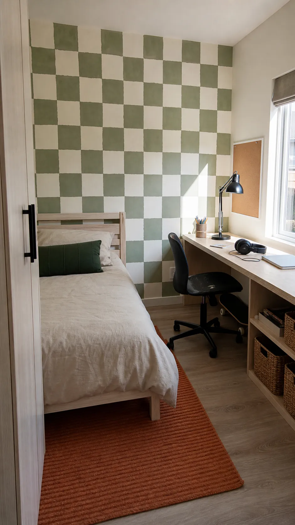 Older child's bedroom with quiet green checkerboard wallpaper