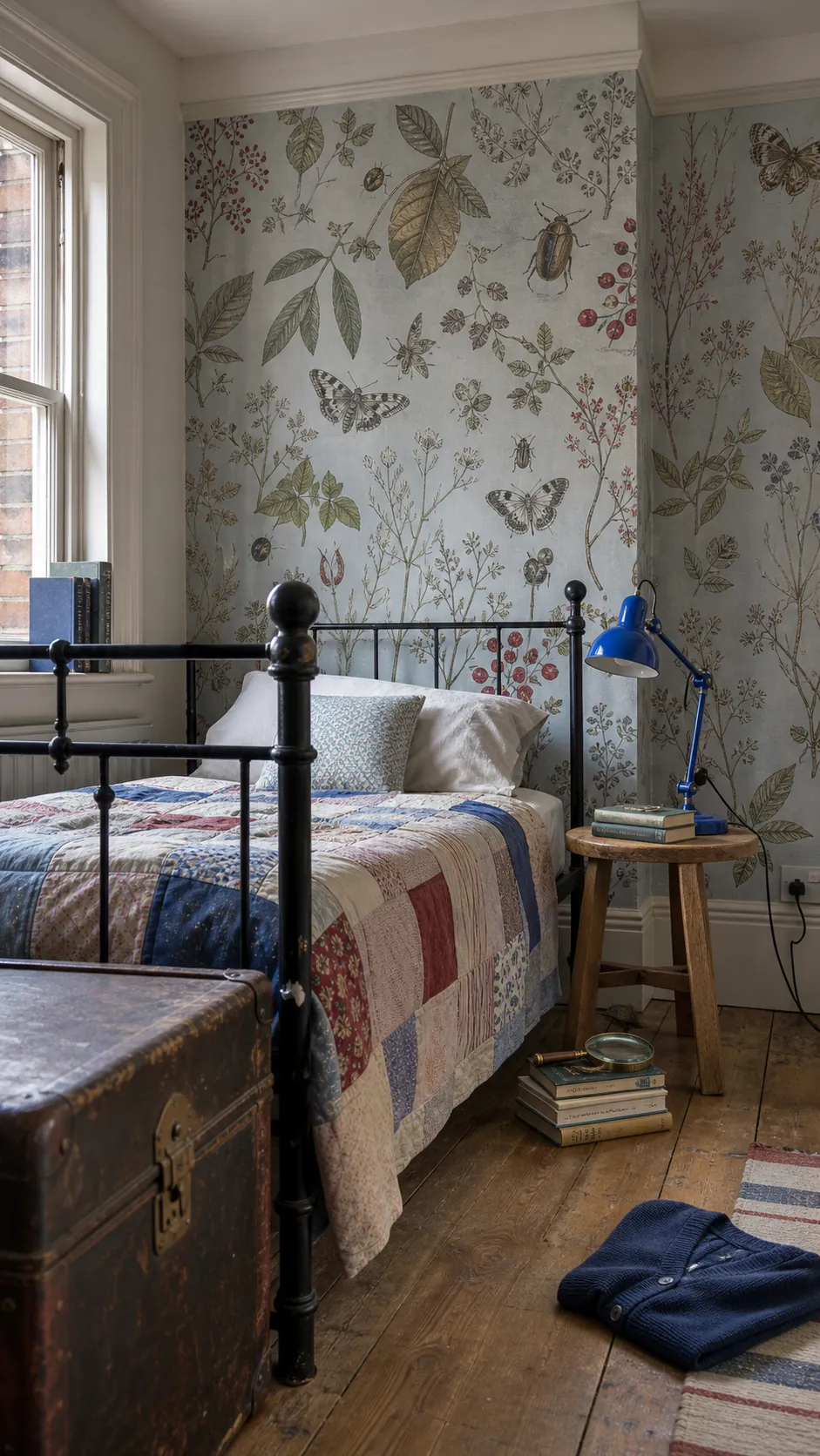 Children's room with vintage storybook botanical wallpaper