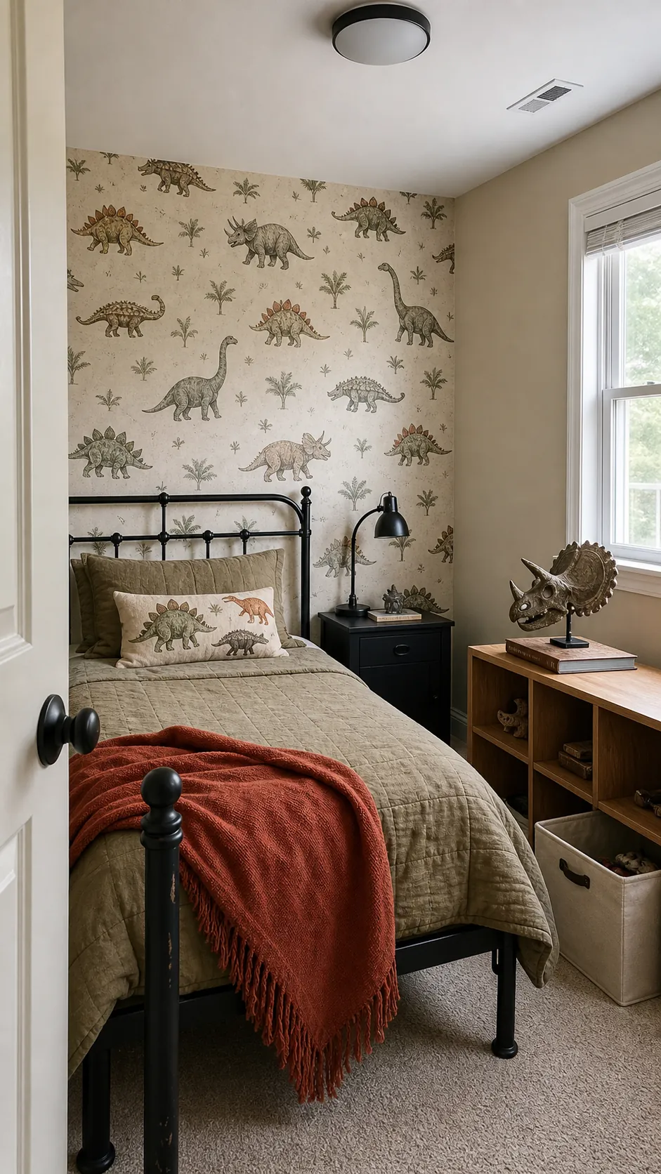 Kids bedroom with friendly dinosaur wallpaper in earthy colors