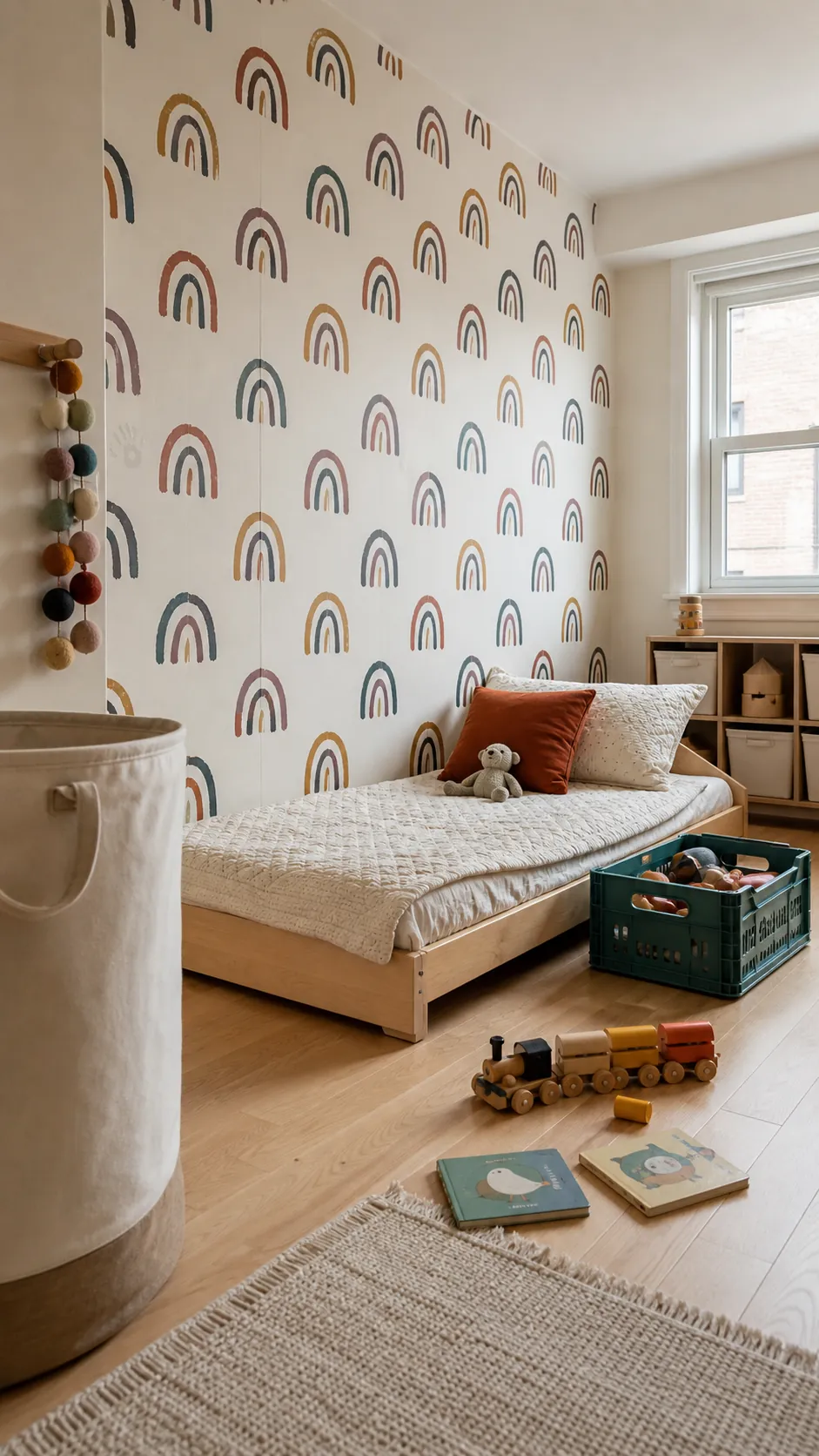 Toddler bedroom with hand-drawn muted rainbow arch wallpaper
