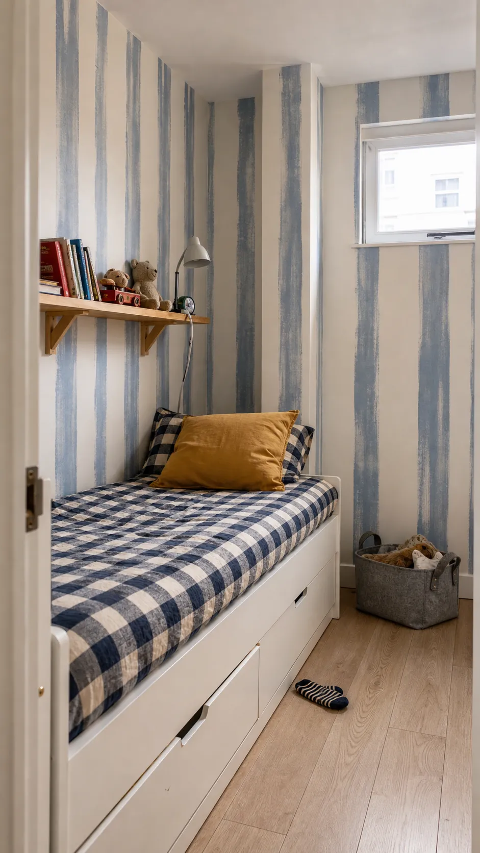 Small kids bedroom with loose vertical brush stripe wallpaper
