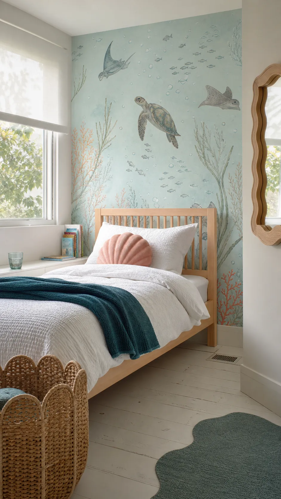 Children's bedroom with pale aqua underwater life wallpaper