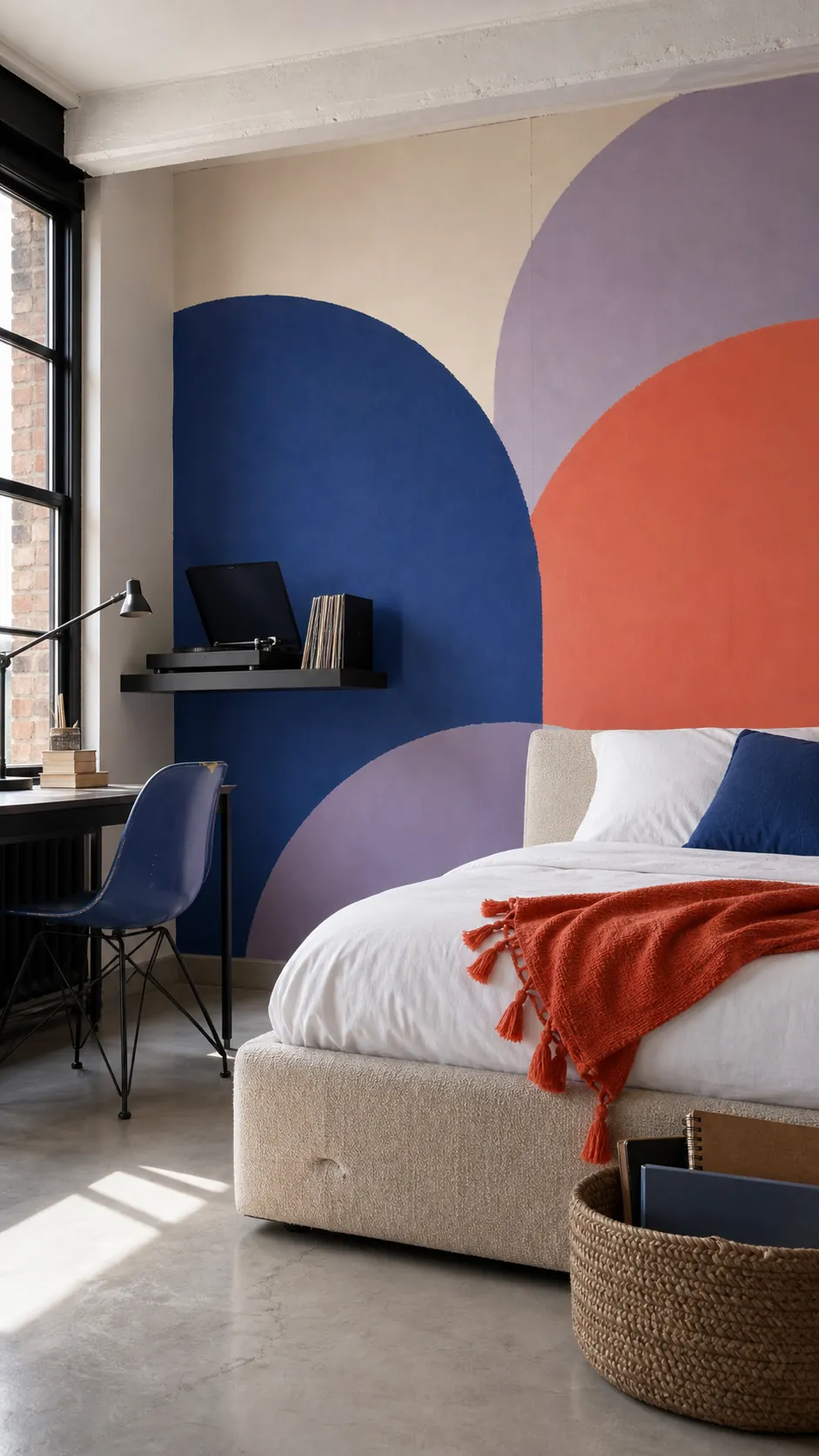 Preteen bedroom with bold color-block arch wallpaper
