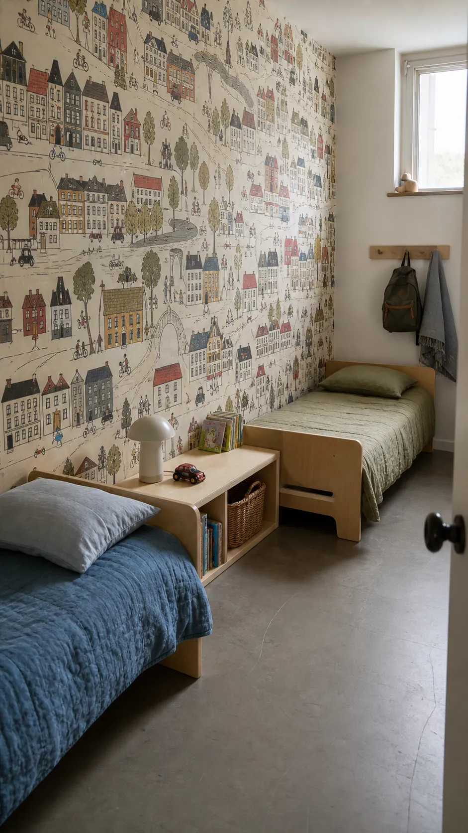 Child's bedroom with miniature houses and winding streets wallpaper