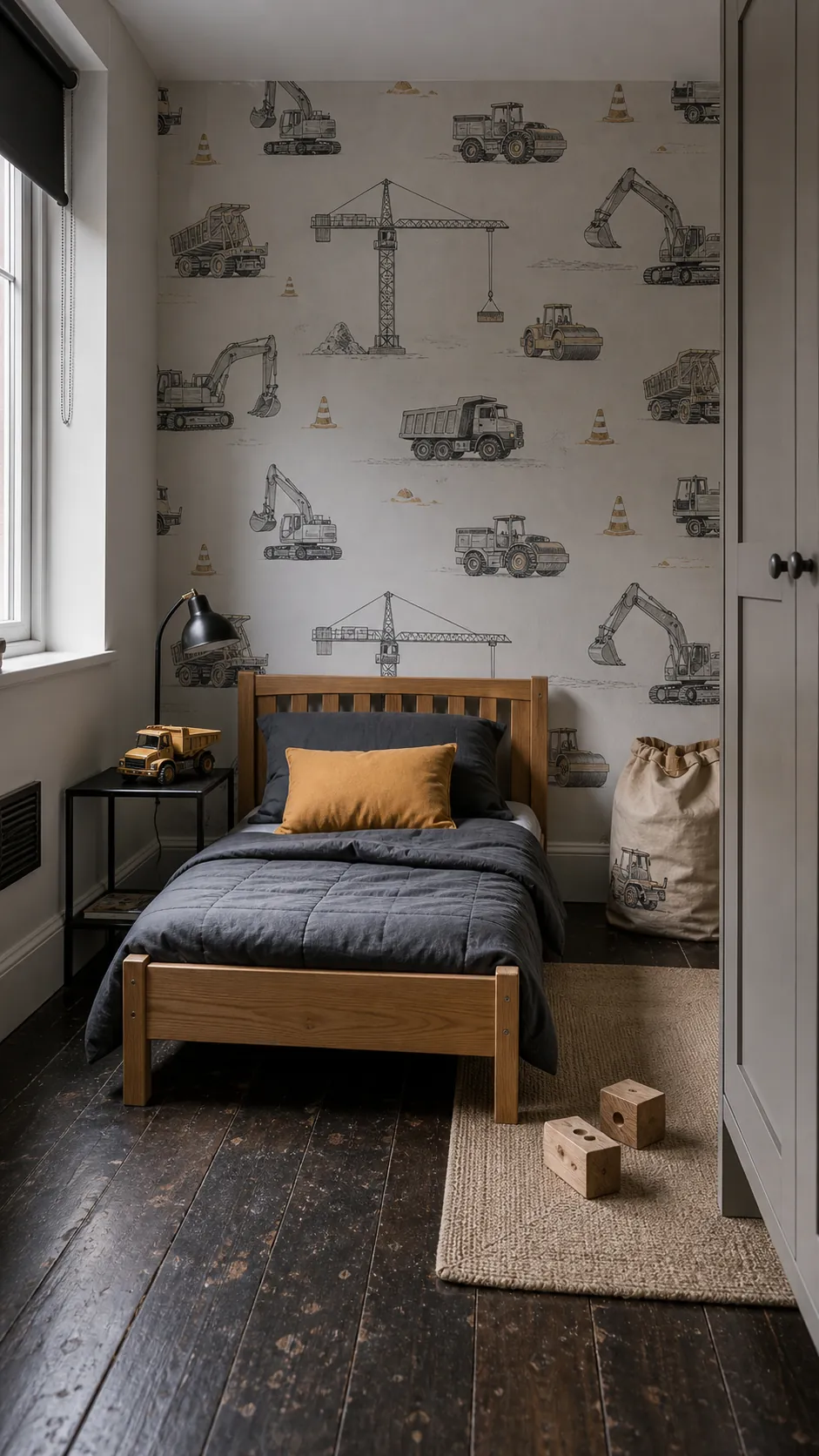 Young child's room with soft neutral construction vehicle wallpaper