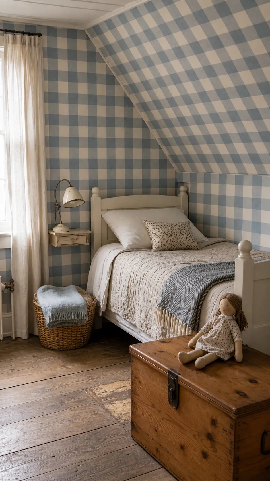 Cozy children's bedroom with faded blue gingham wallpaper