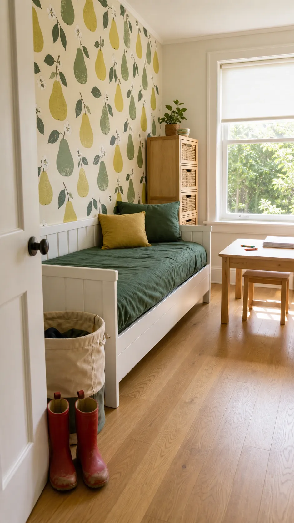 Bright child's bedroom with playful pear and leaf wallpaper