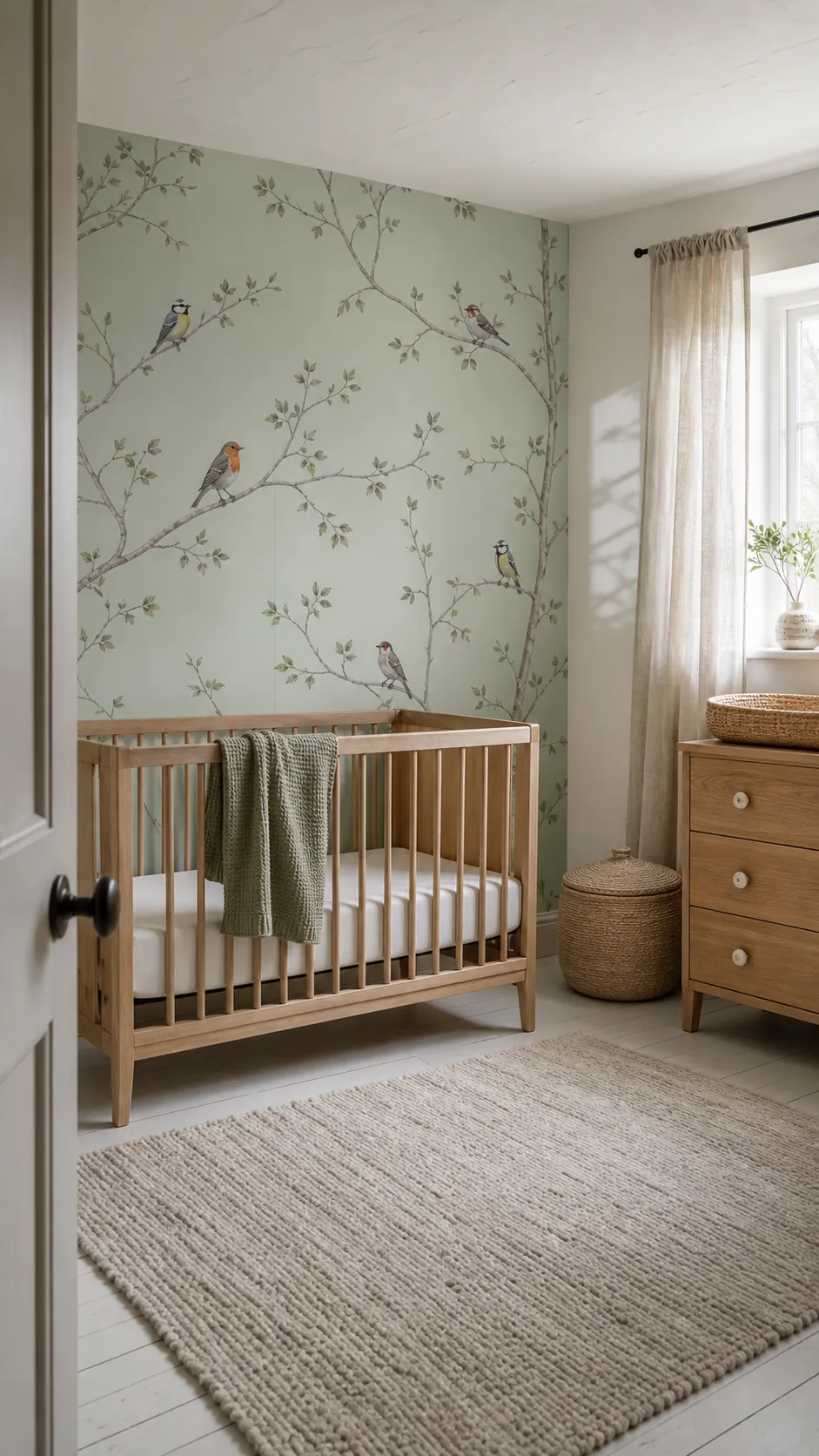 Nursery with delicate birds and leafy branches wallpaper