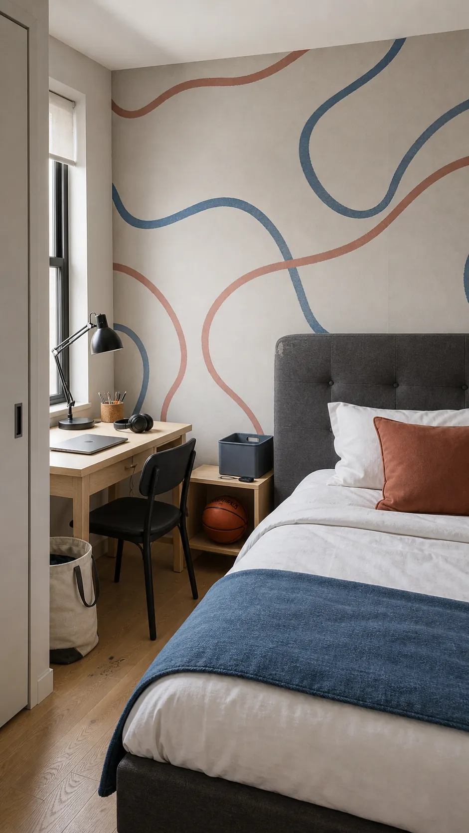 Older kid's bedroom with calm abstract wavy line wallpaper